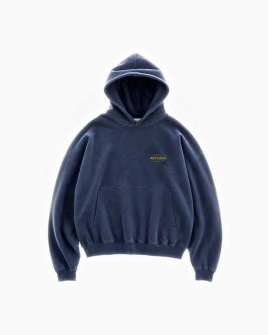 Globe Hoodie in Navy – flat lay, front view
