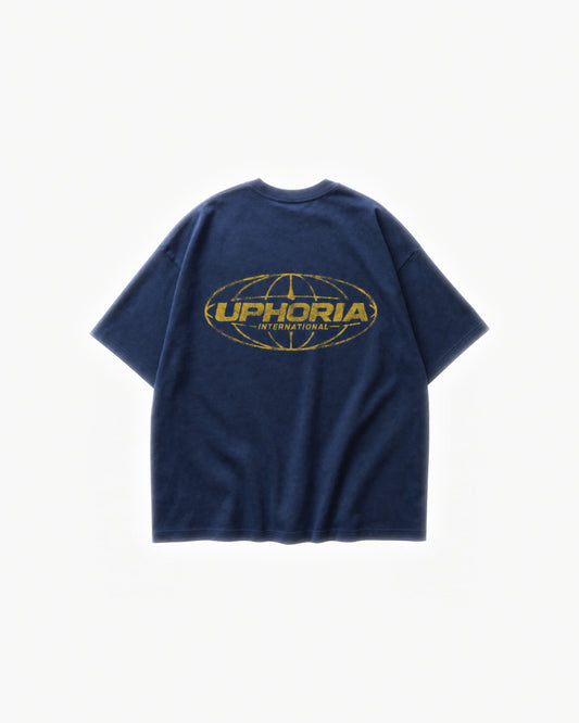 Globe Tee in Navy – flat lay, back view