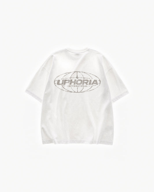 Globe Tee in White – flat lay, back view