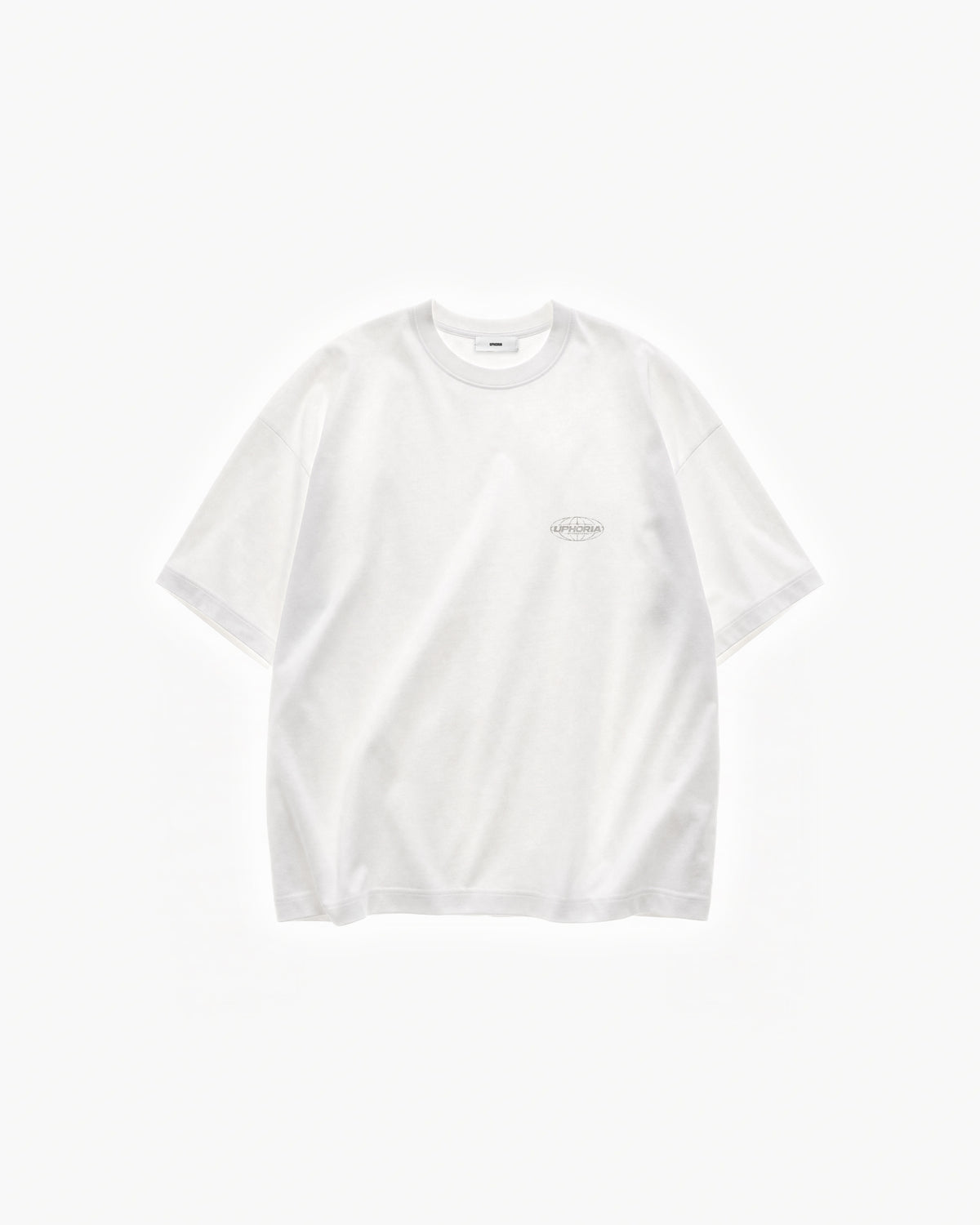 Globe Tee in White – flat lay, front view