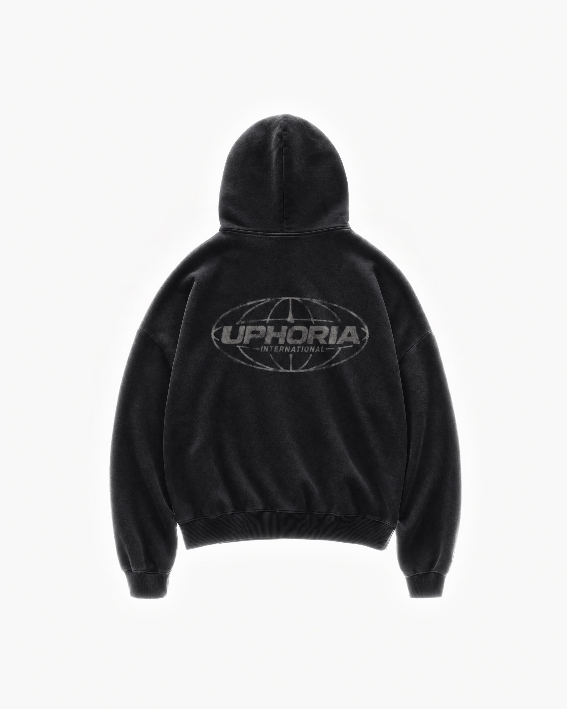 Globe Zip Hoodie in Black – flat lay, back view