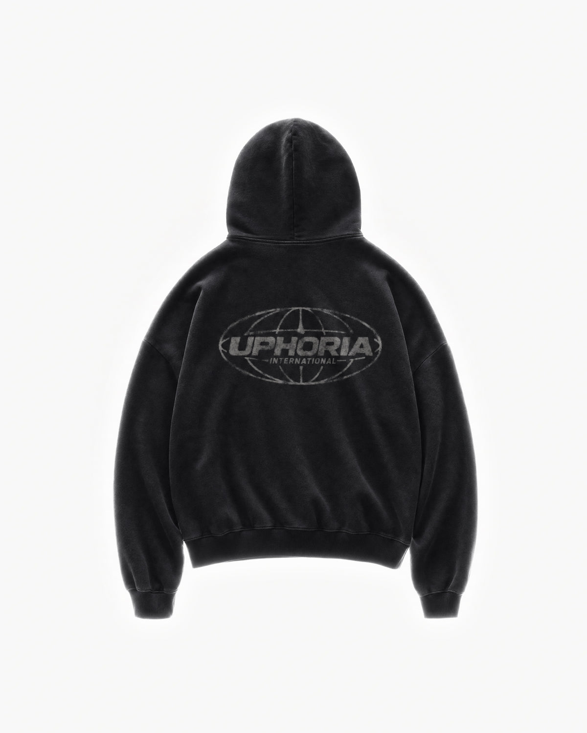 Globe Zip Hoodie in Black – flat lay, back view