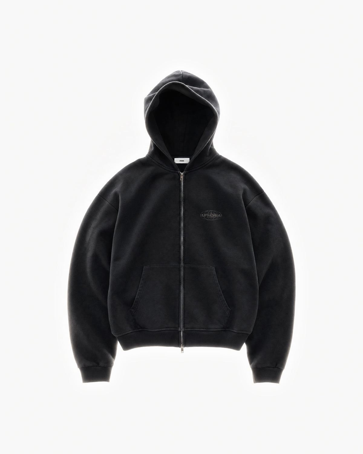 Globe Zip Hoodie in Black – flat lay, front view