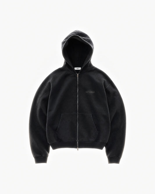Globe Zip Hoodie in Black – flat lay, front view