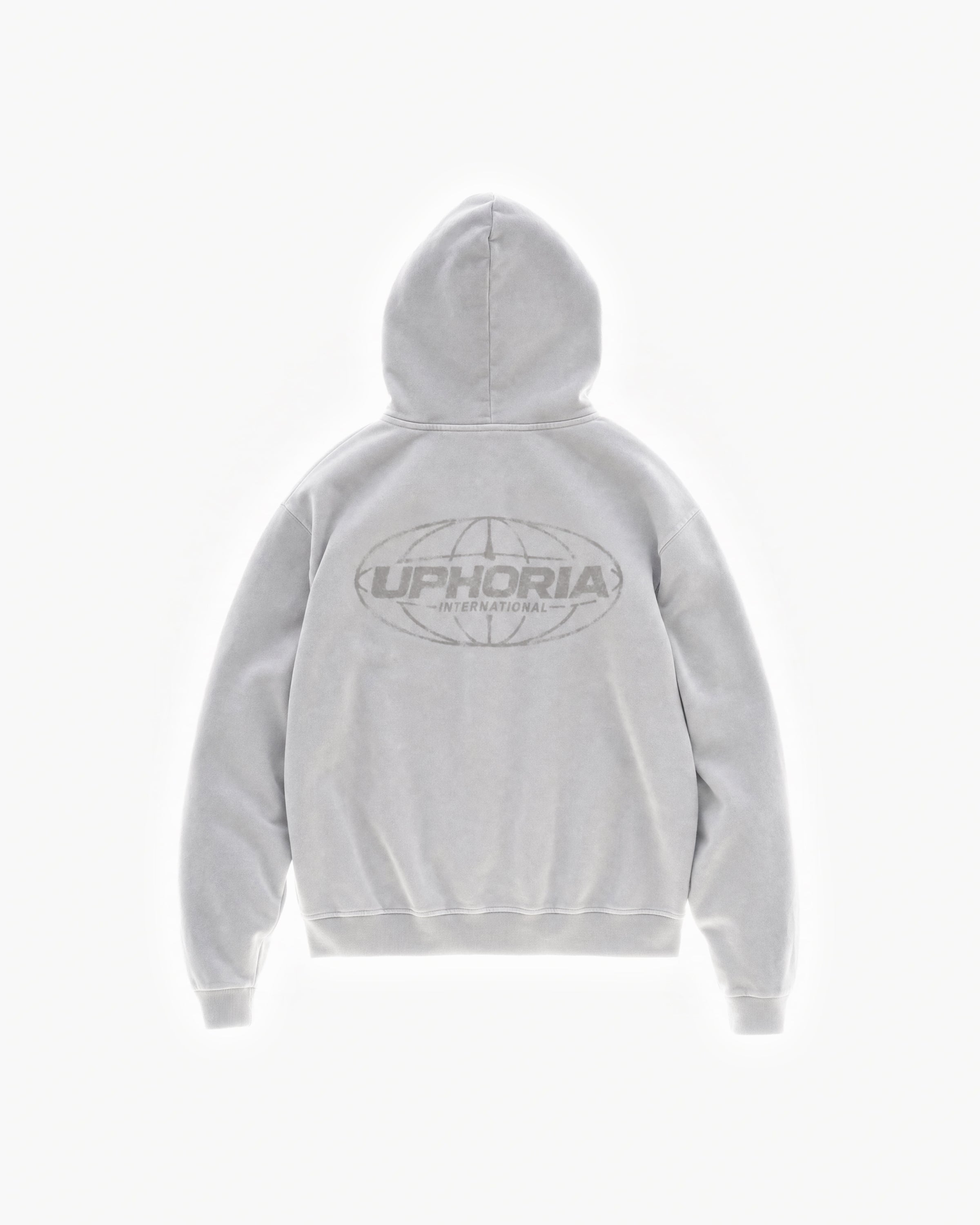 Globe Zip Hoodie in Feather Grey – flat lay, back view