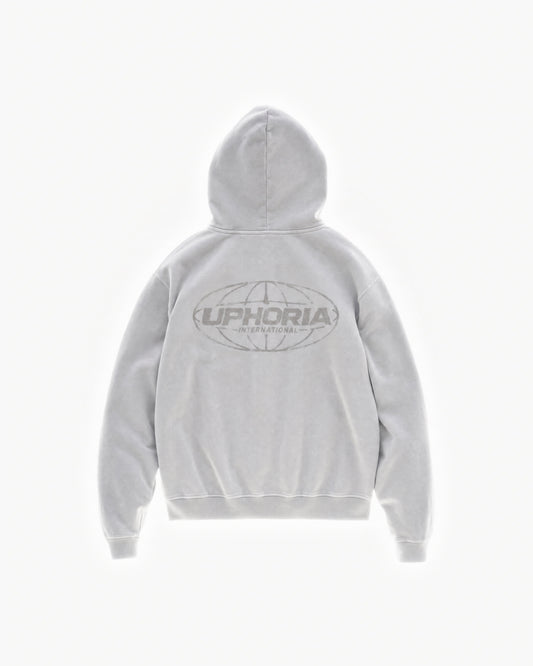Globe Zip Hoodie in Feather Grey – flat lay, back view