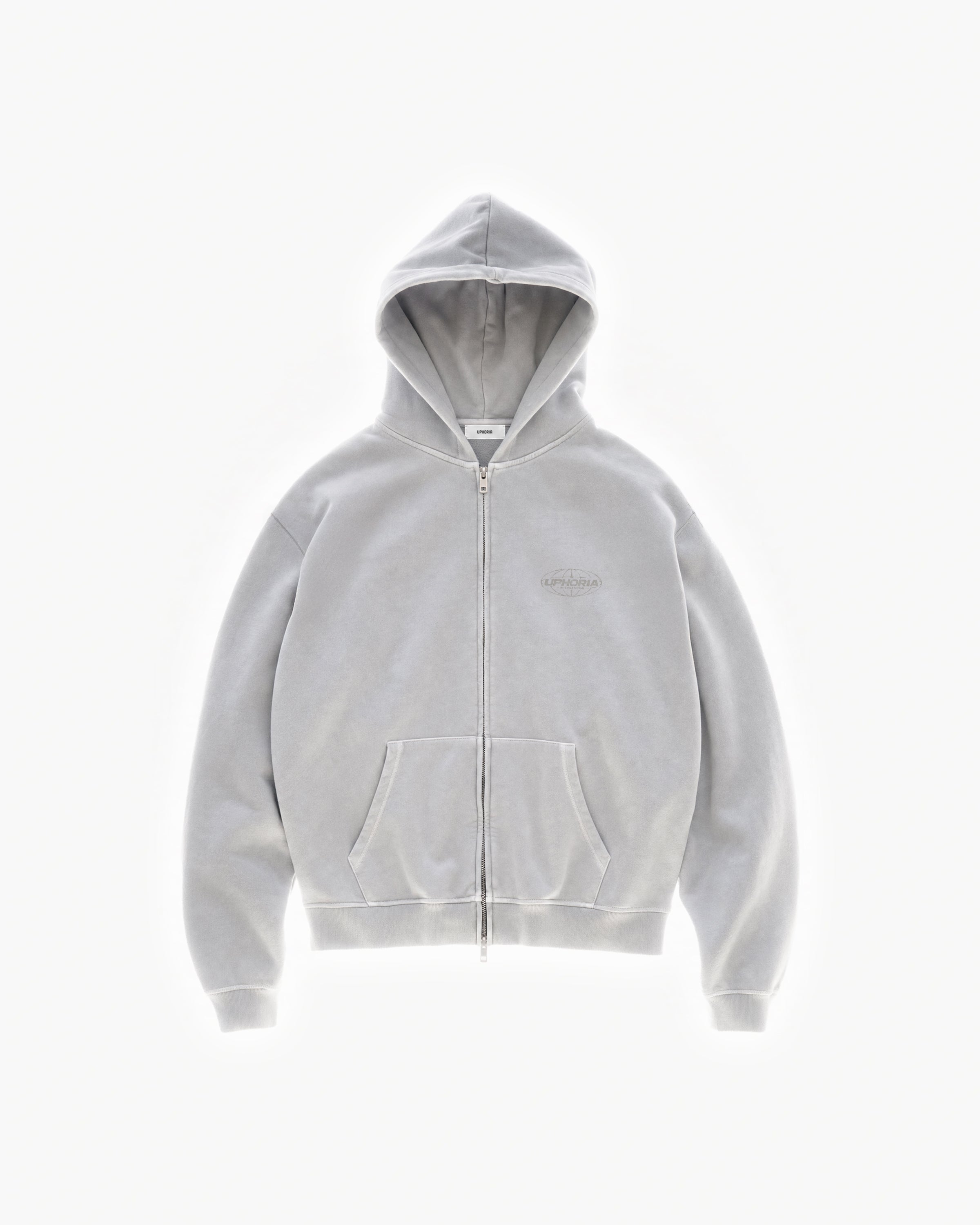 Globe Zip Hoodie in Feather Grey – flat lay, front view