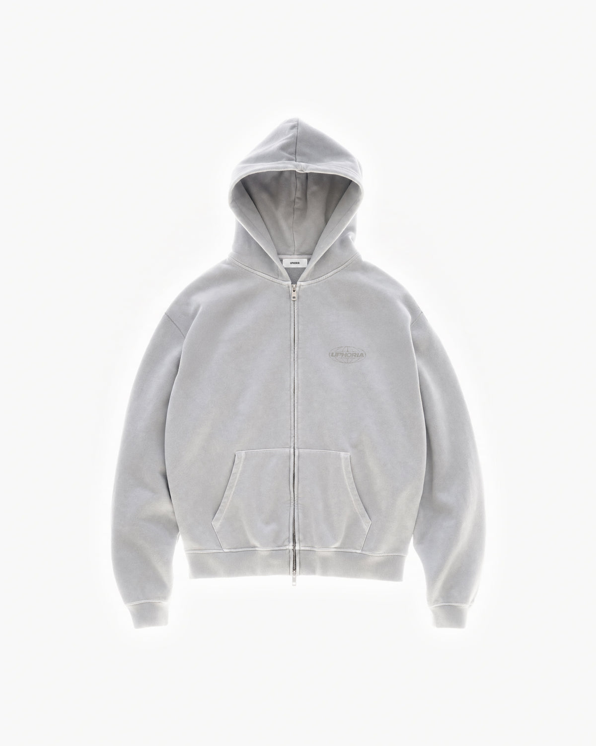 Globe Zip Hoodie in Feather Grey – flat lay, front view