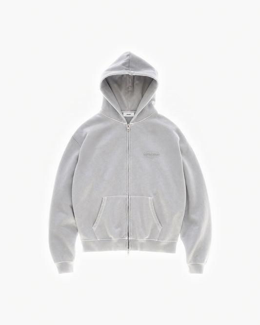 Globe Zip Hoodie in Feather Grey – flat lay, front view