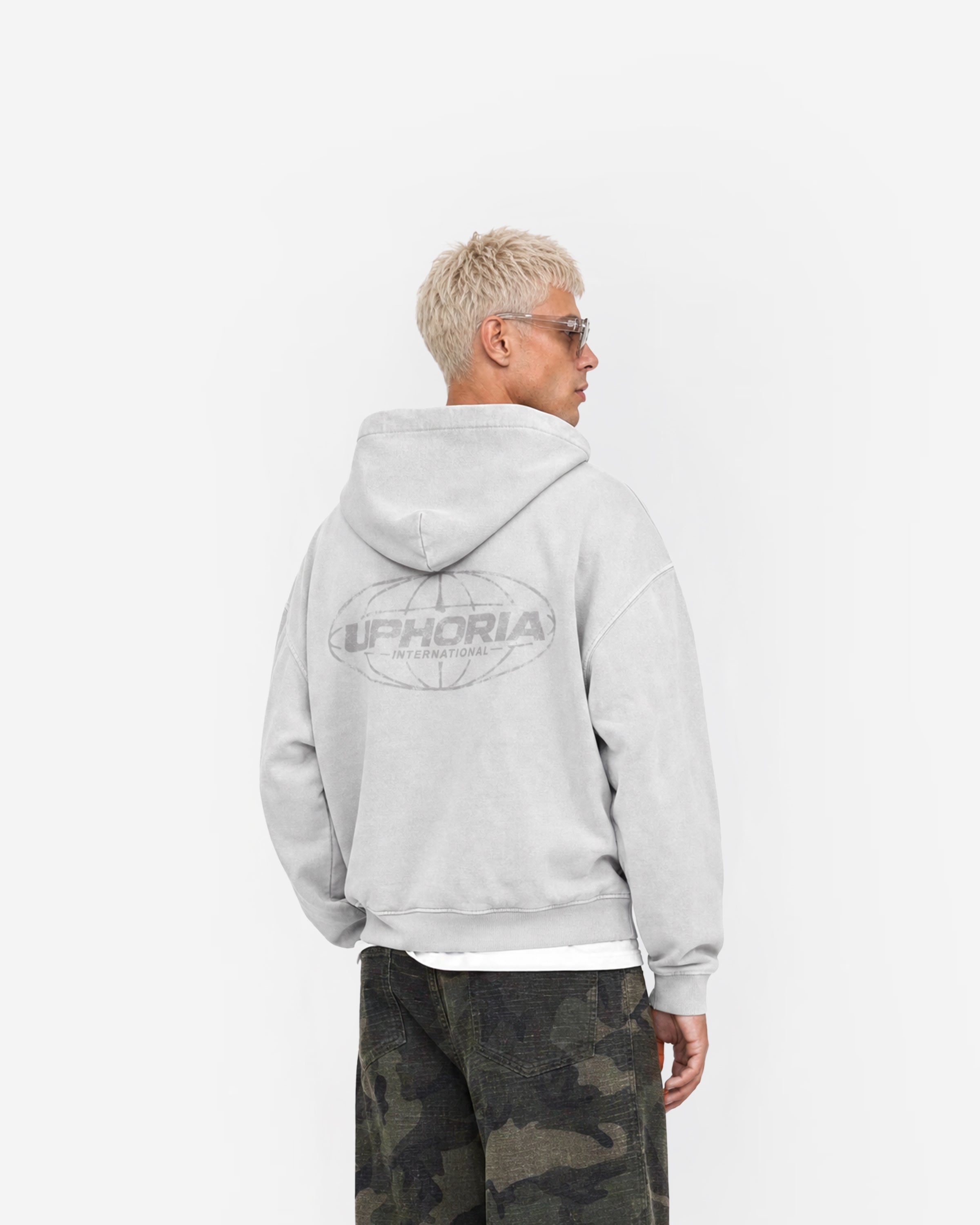 Globe Zip Hoodie in Feather Grey – worn by model, back view