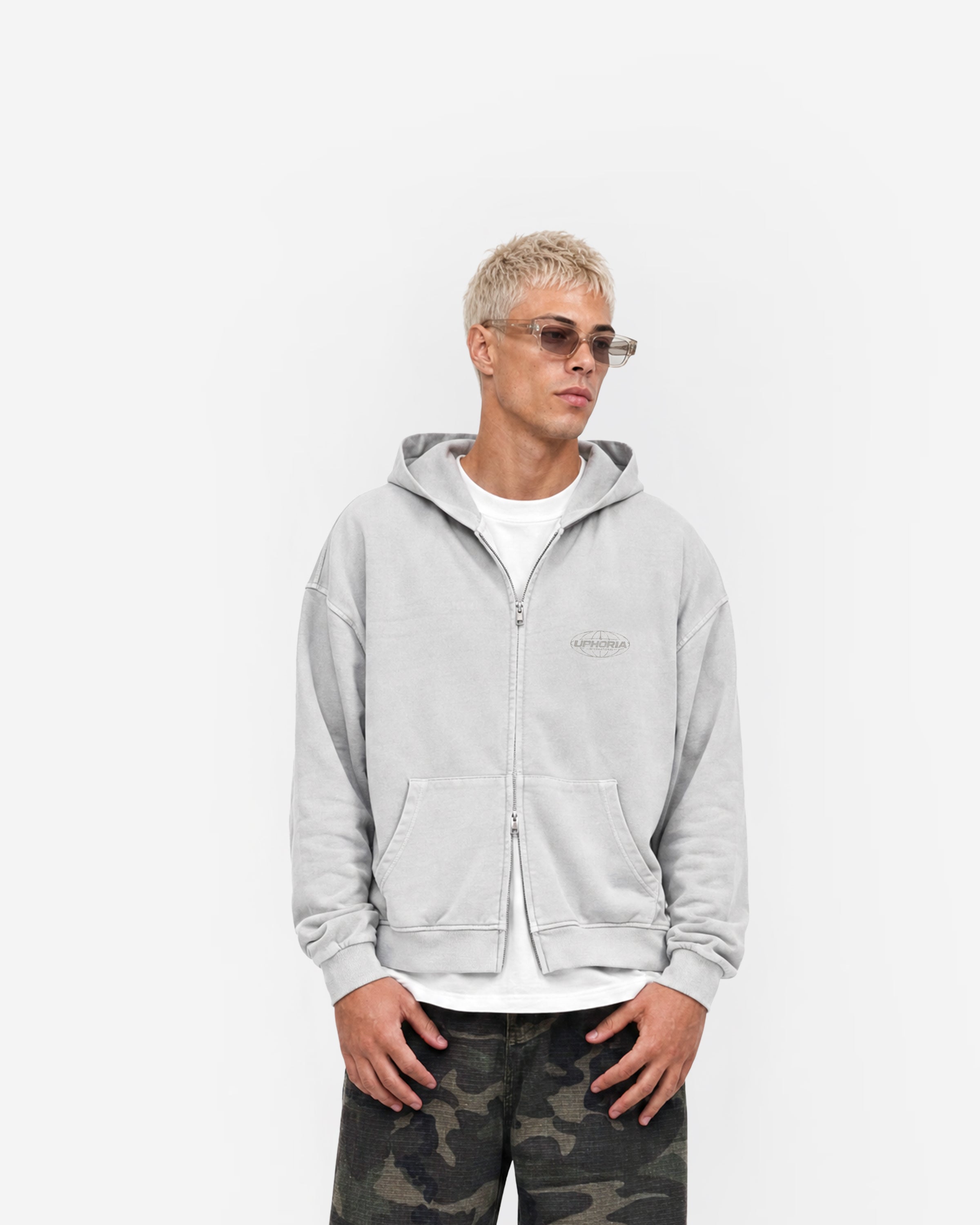 Globe Zip Hoodie in Feather Grey – worn by model, front view