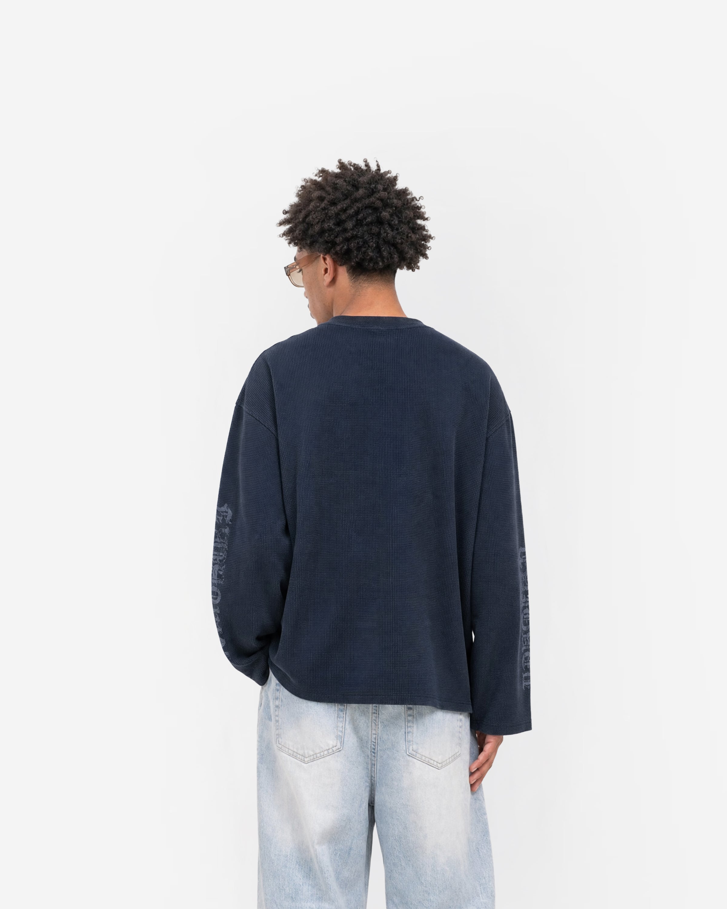LDN Waffle Long Sleeve in Navy – worn by model, back view