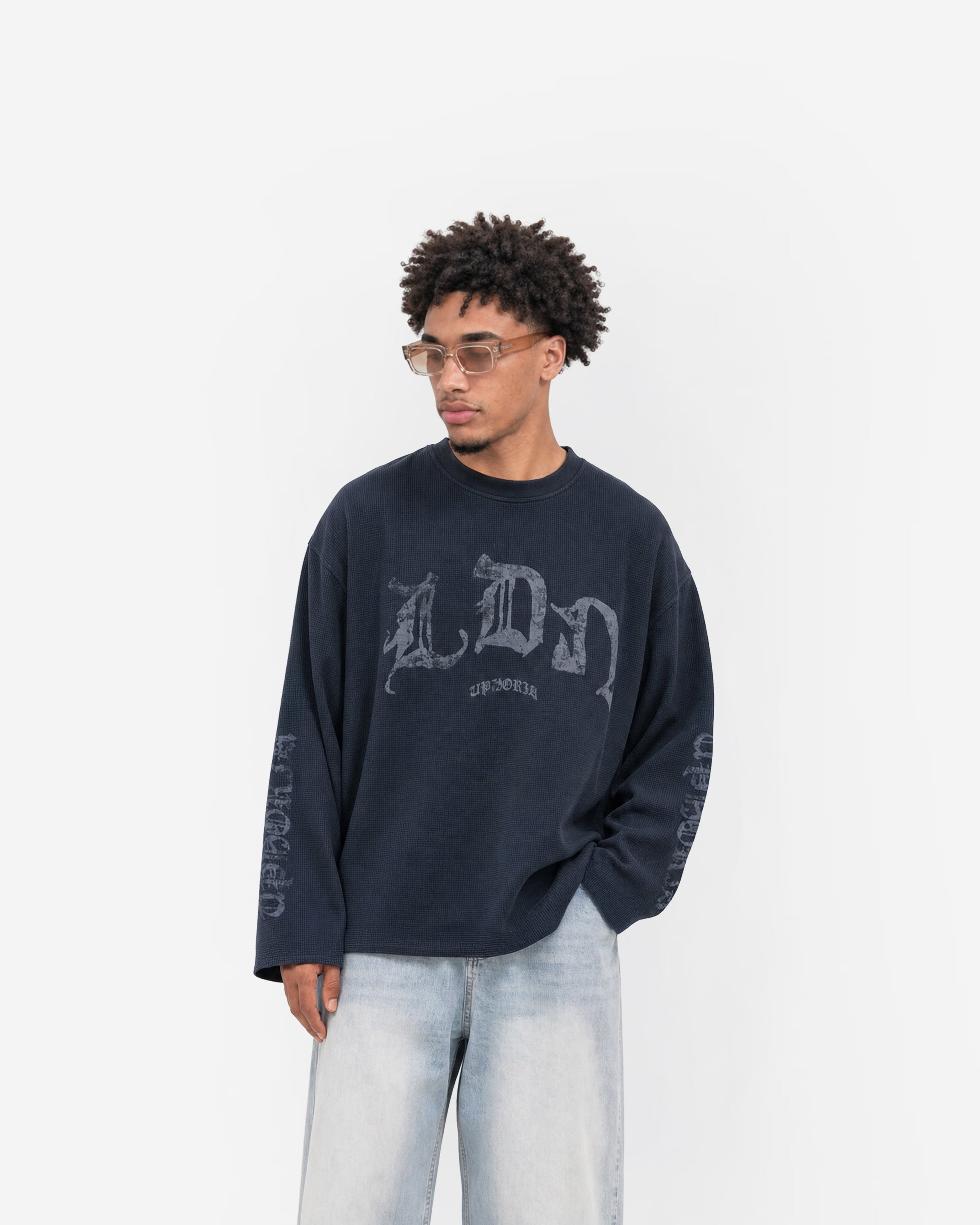 LDN Waffle Long Sleeve in Navy – worn by model, front view