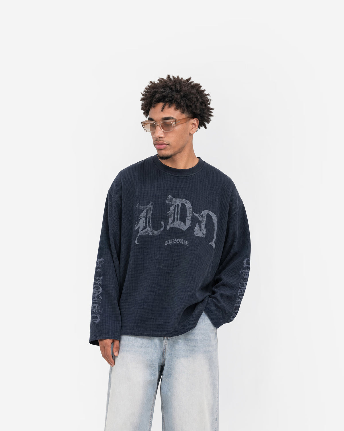 LDN Waffle Long Sleeve in Navy – worn by model, front view