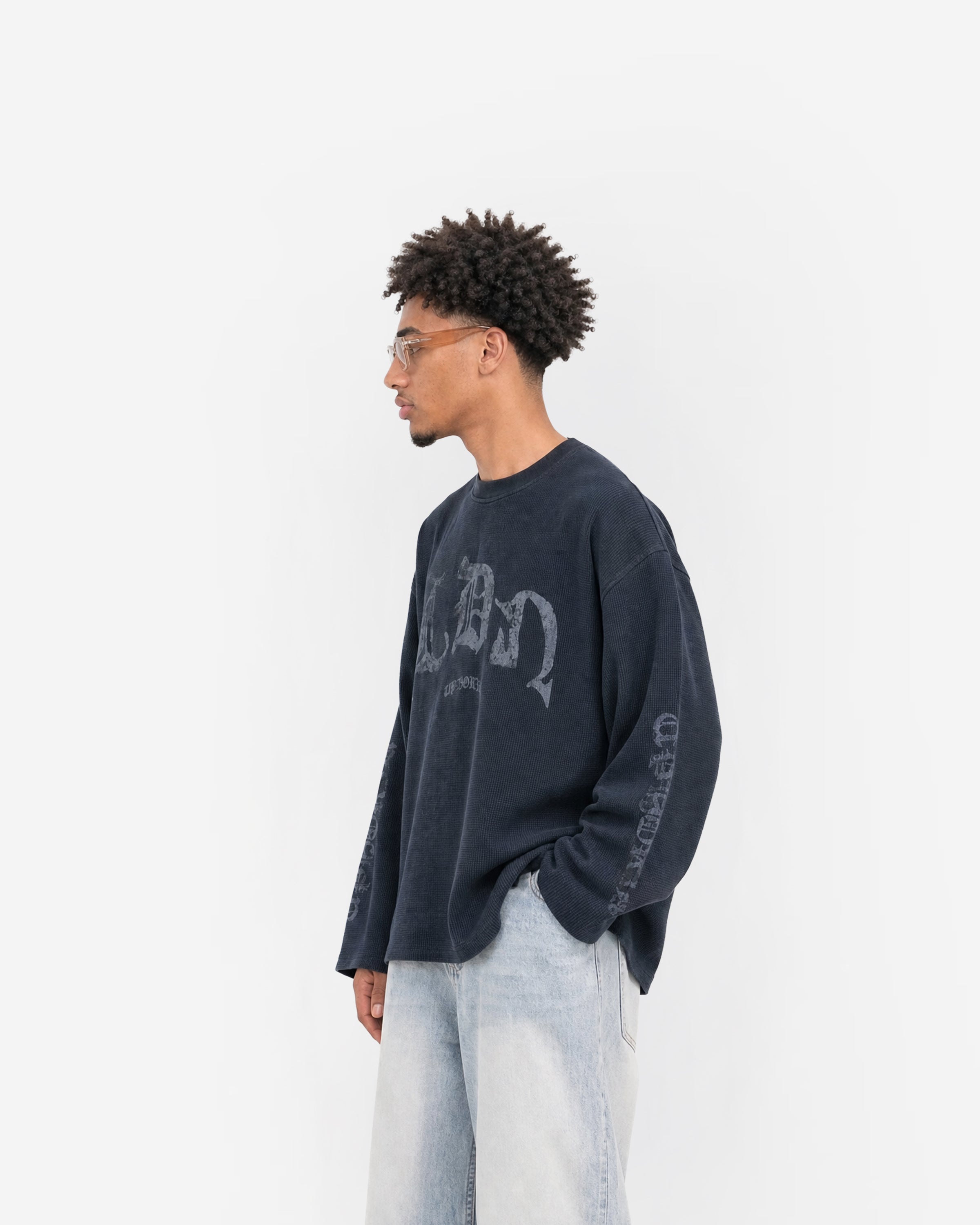 LDN Waffle Long Sleeve in Navy – worn by model, side view