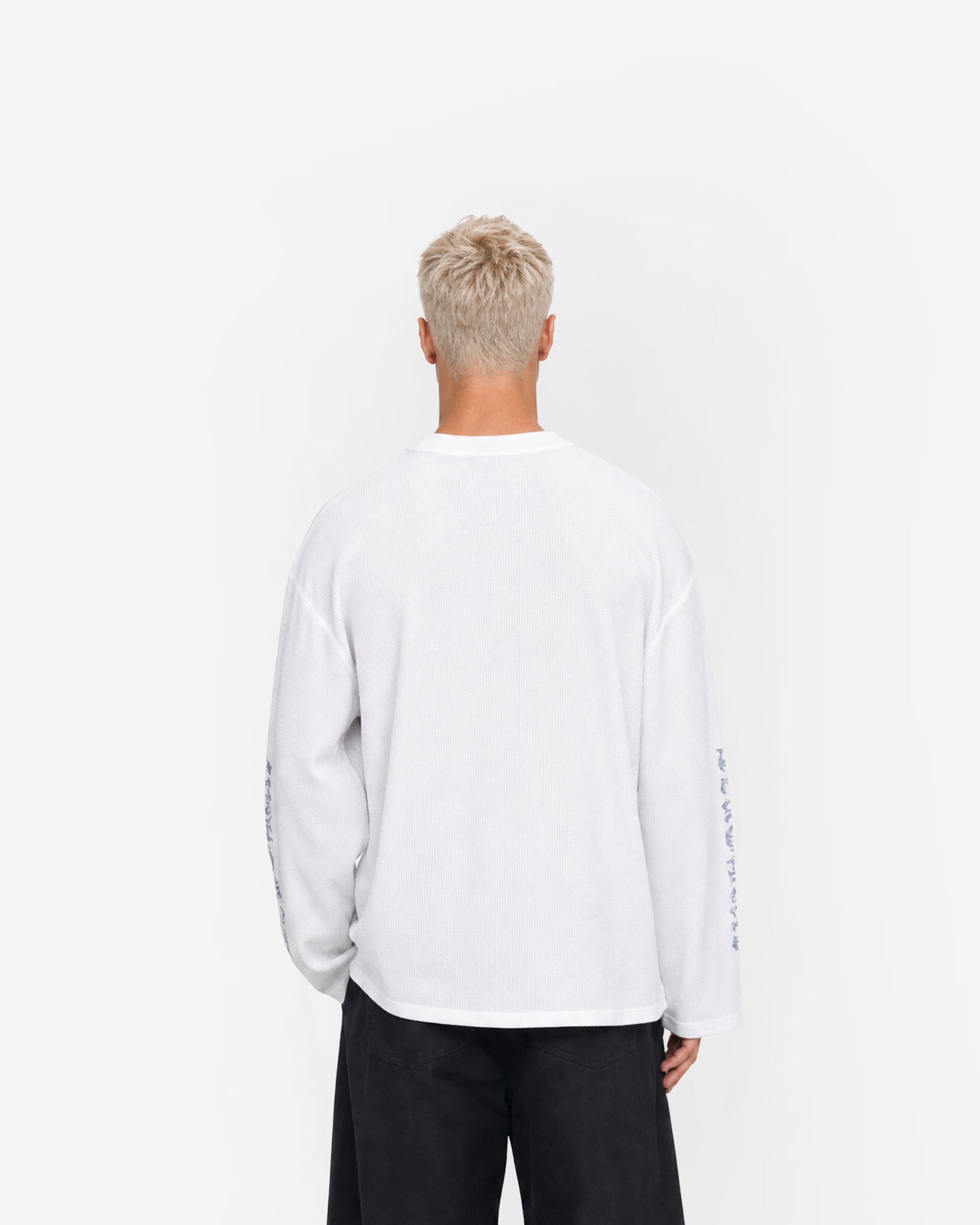 LDN Waffle Long Sleeve in White – worn by model, back view