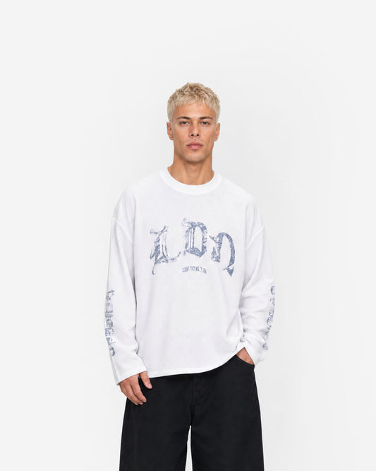 LDN Waffle Long Sleeve in White – worn by model, front view