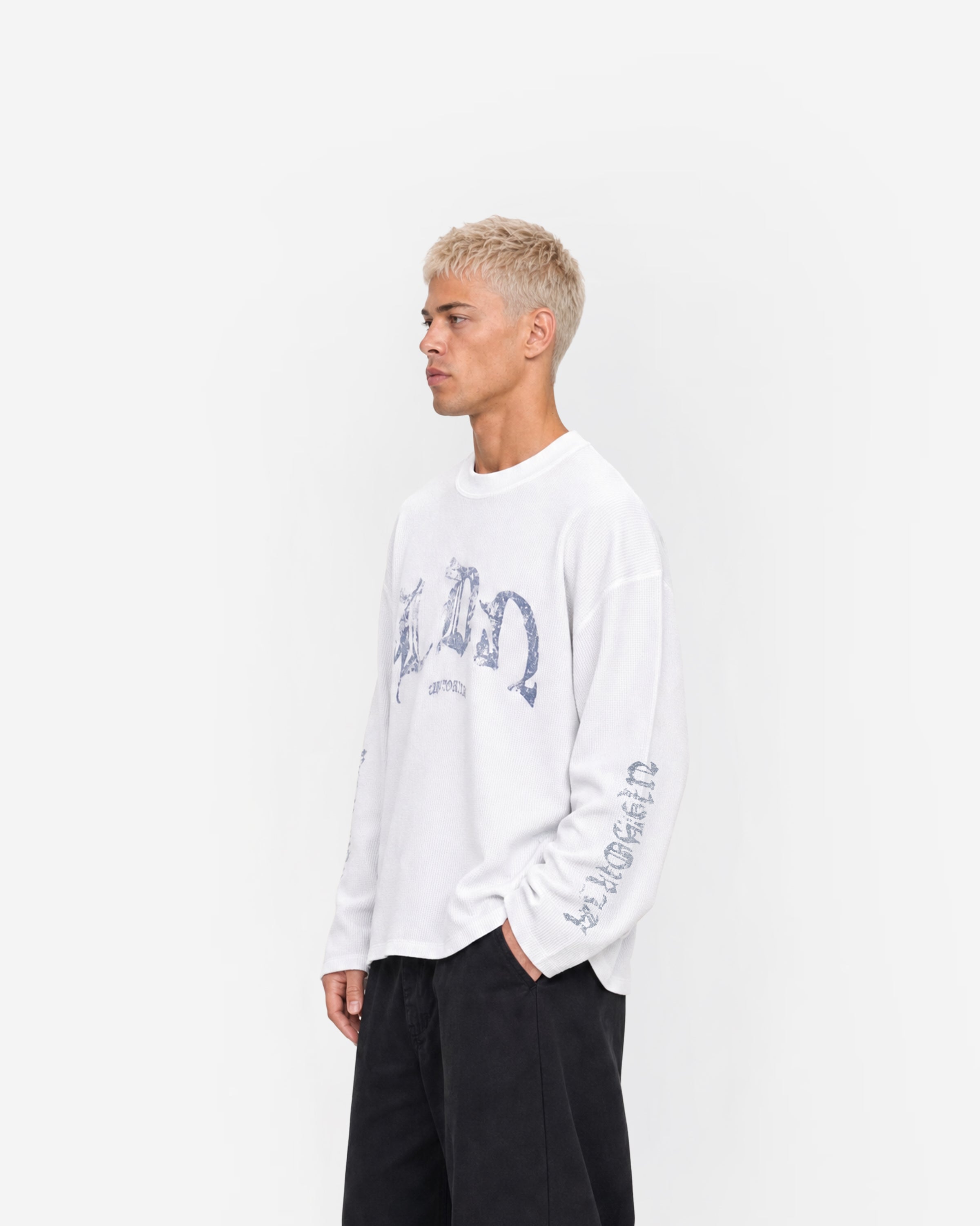 LDN Waffle Long Sleeve in White – worn by model, side view