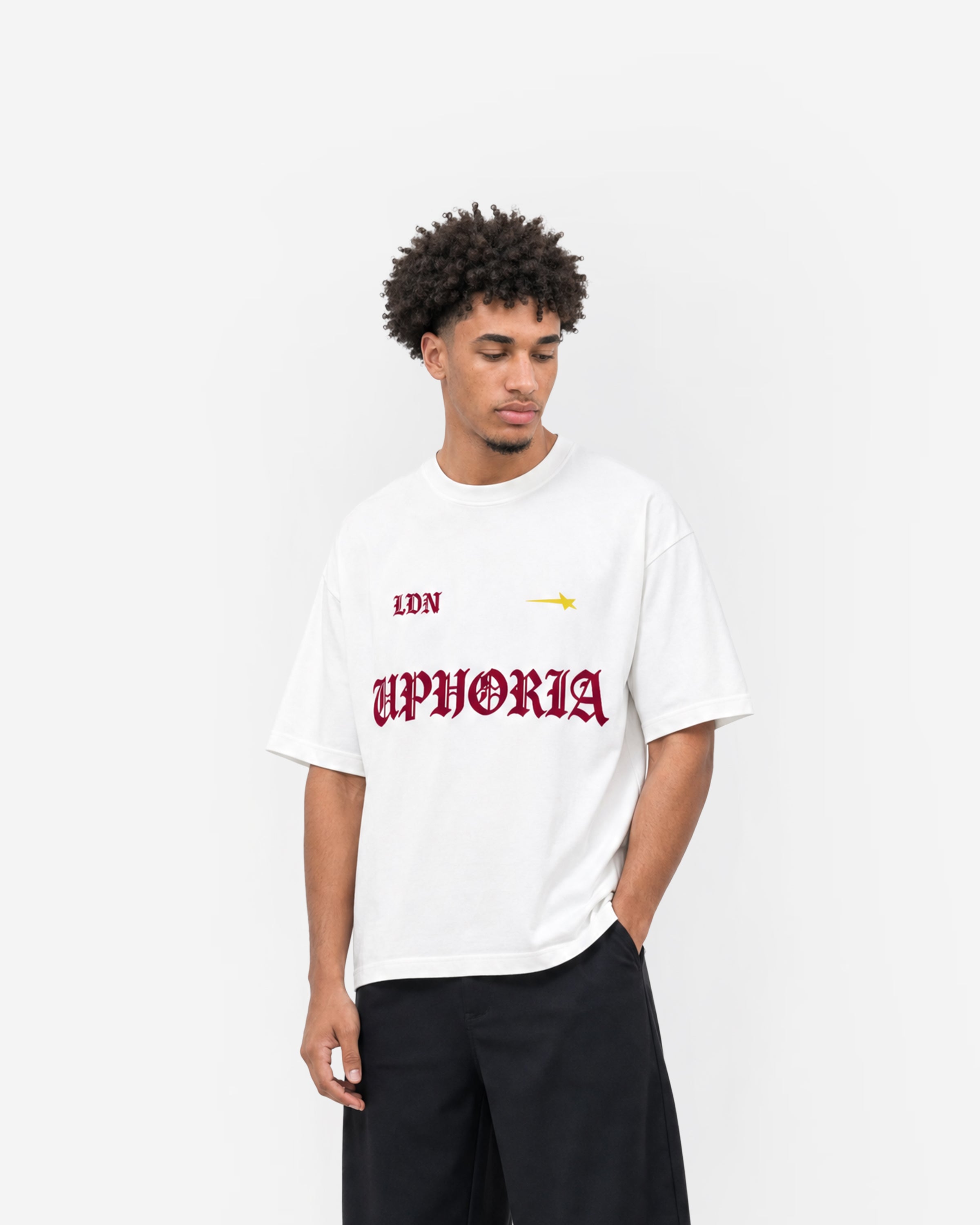 LDN Star Tee in White – worn by model, front view