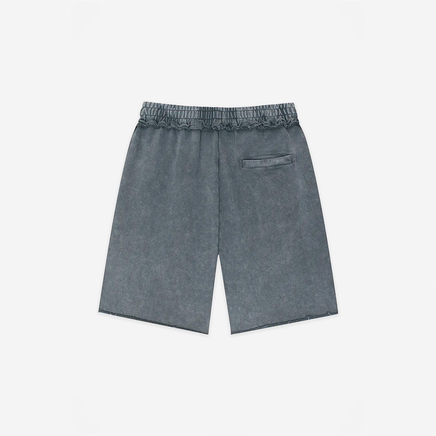 Raw Edge Emblem Shorts in Stone Wash Grey – flat lay, back view
