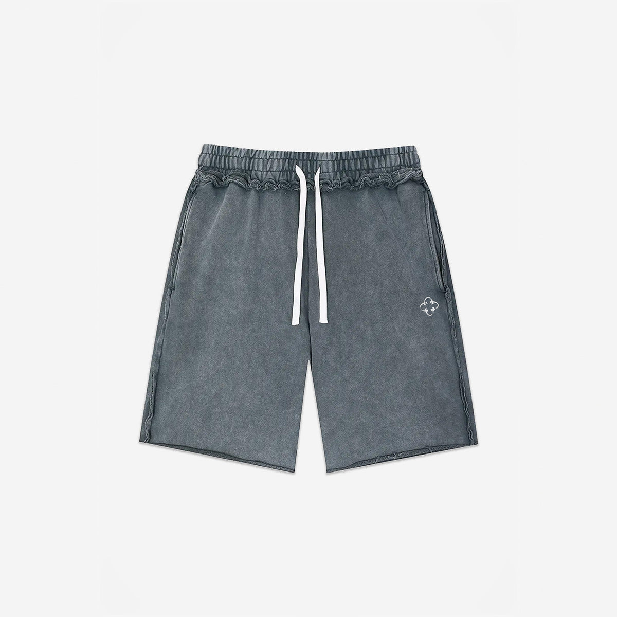 Raw Edge Emblem Shorts in Stone Wash Grey – flat lay, front view