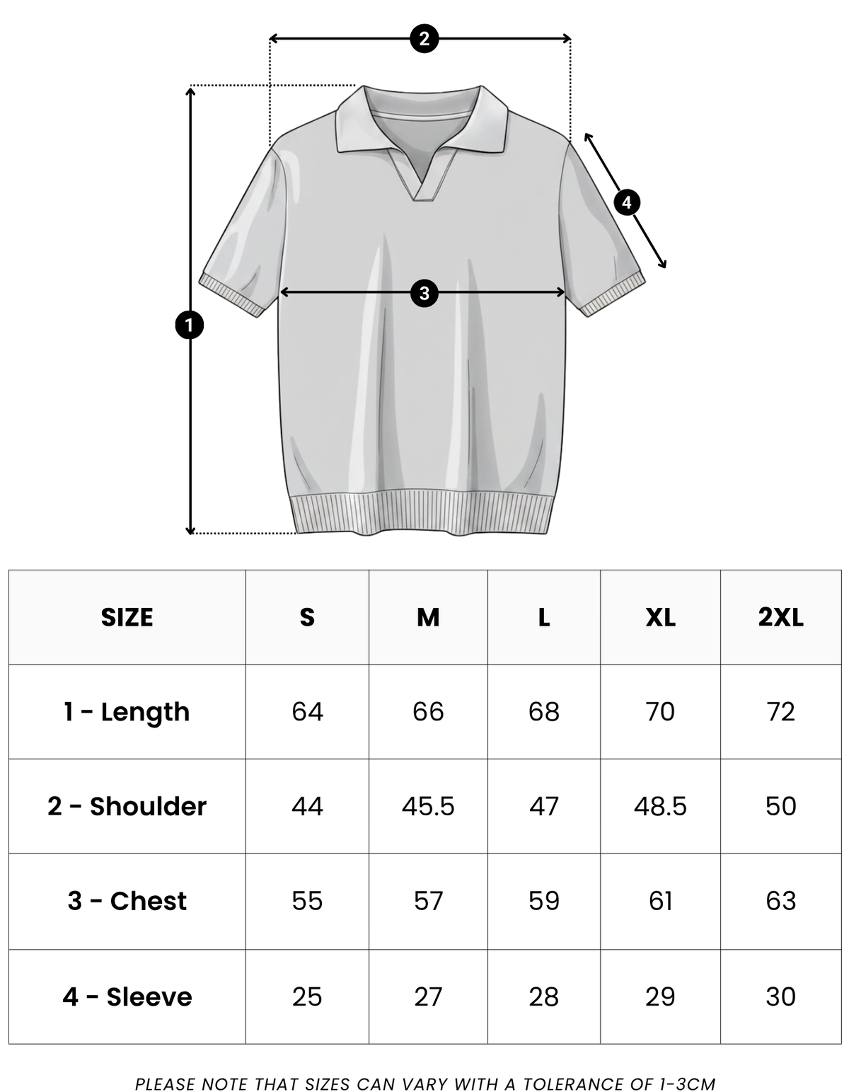 Size guide in centimetres for Bellagio Polo
