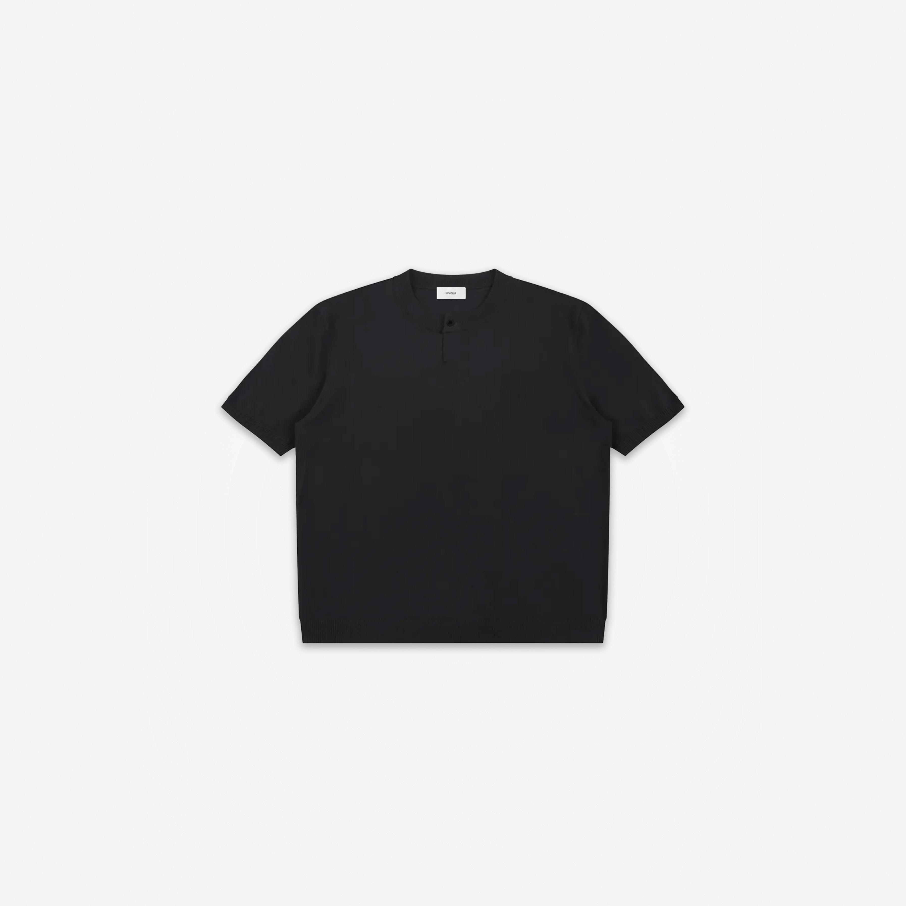 Como Henley Knit Tee in Black – flat lay, front view
