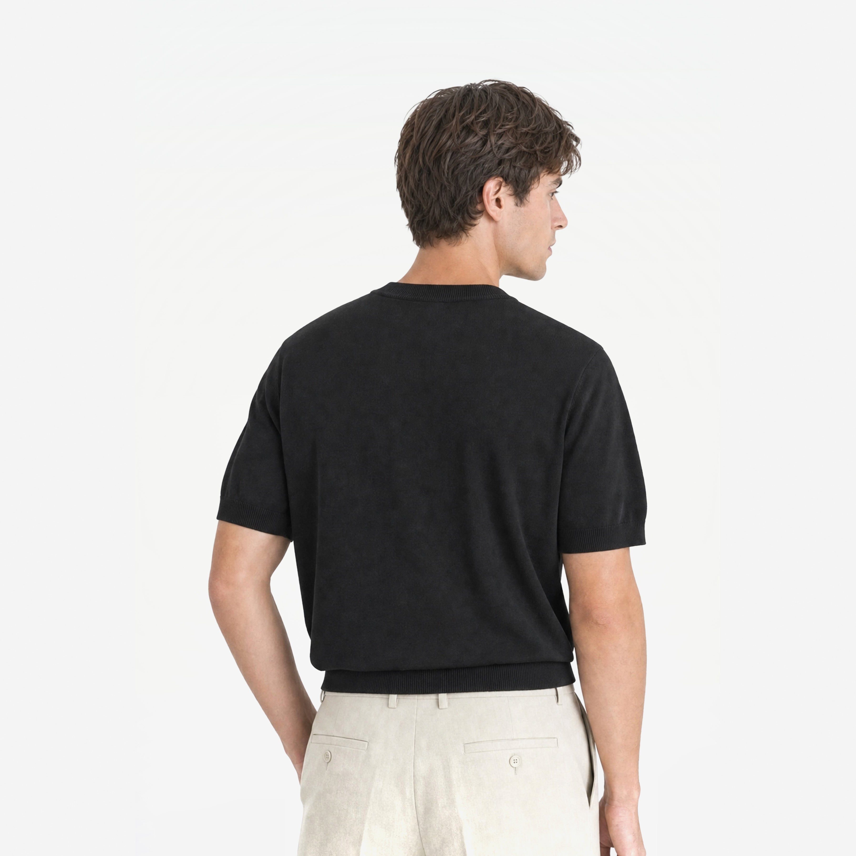 Como Henley Knit Tee in Black – worn by model, back view