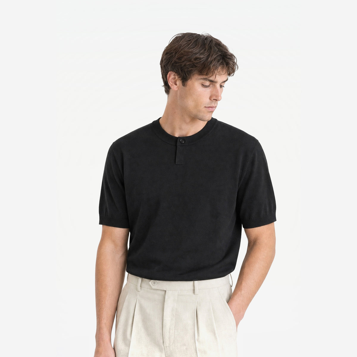 Como Henley Knit Tee in Black – worn by model, front view