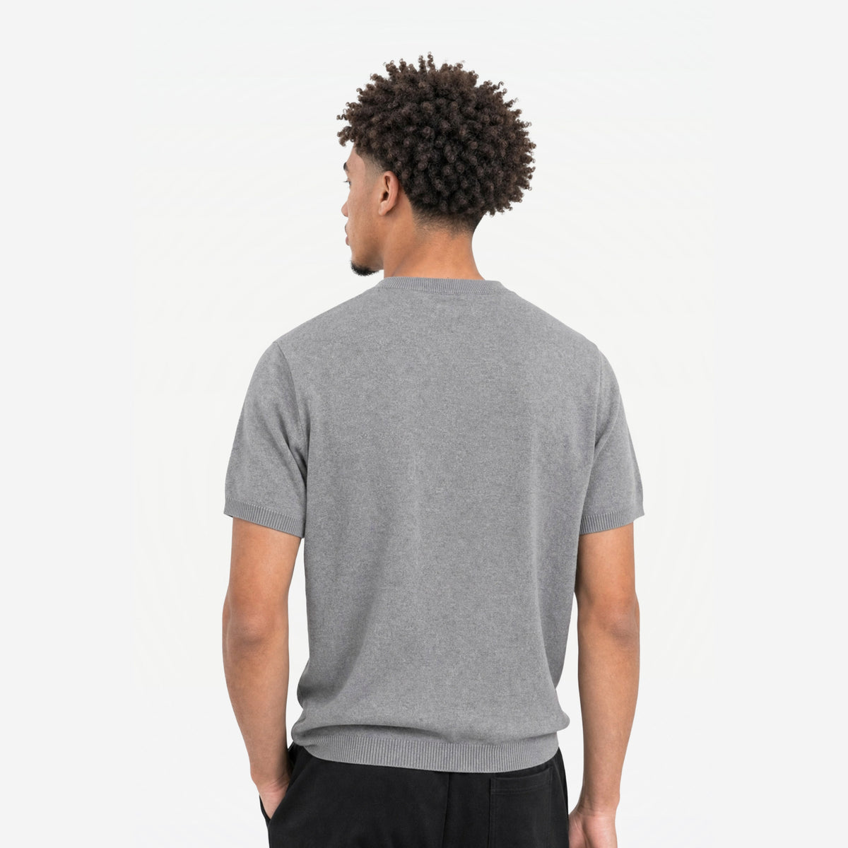 Como Henley Knit Tee in Grey – worn by model, back view