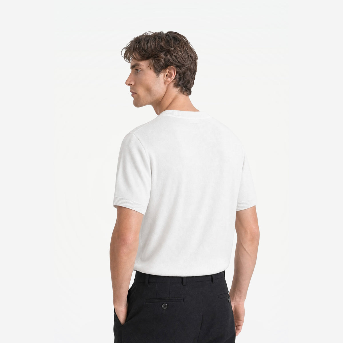 Como Henley Knit Tee in White – worn by model, back view
