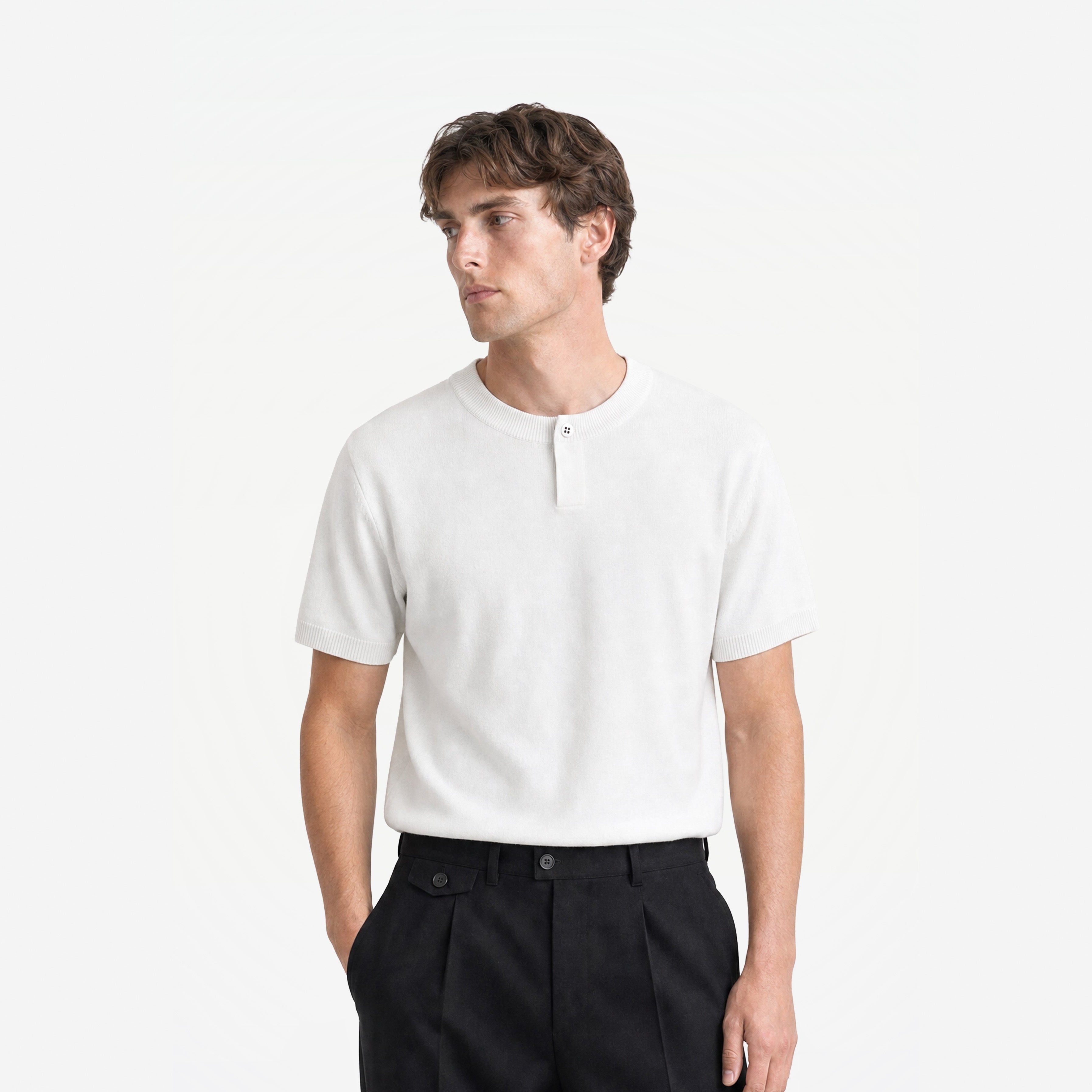 Como Henley Knit Tee in White – worn by model, front view