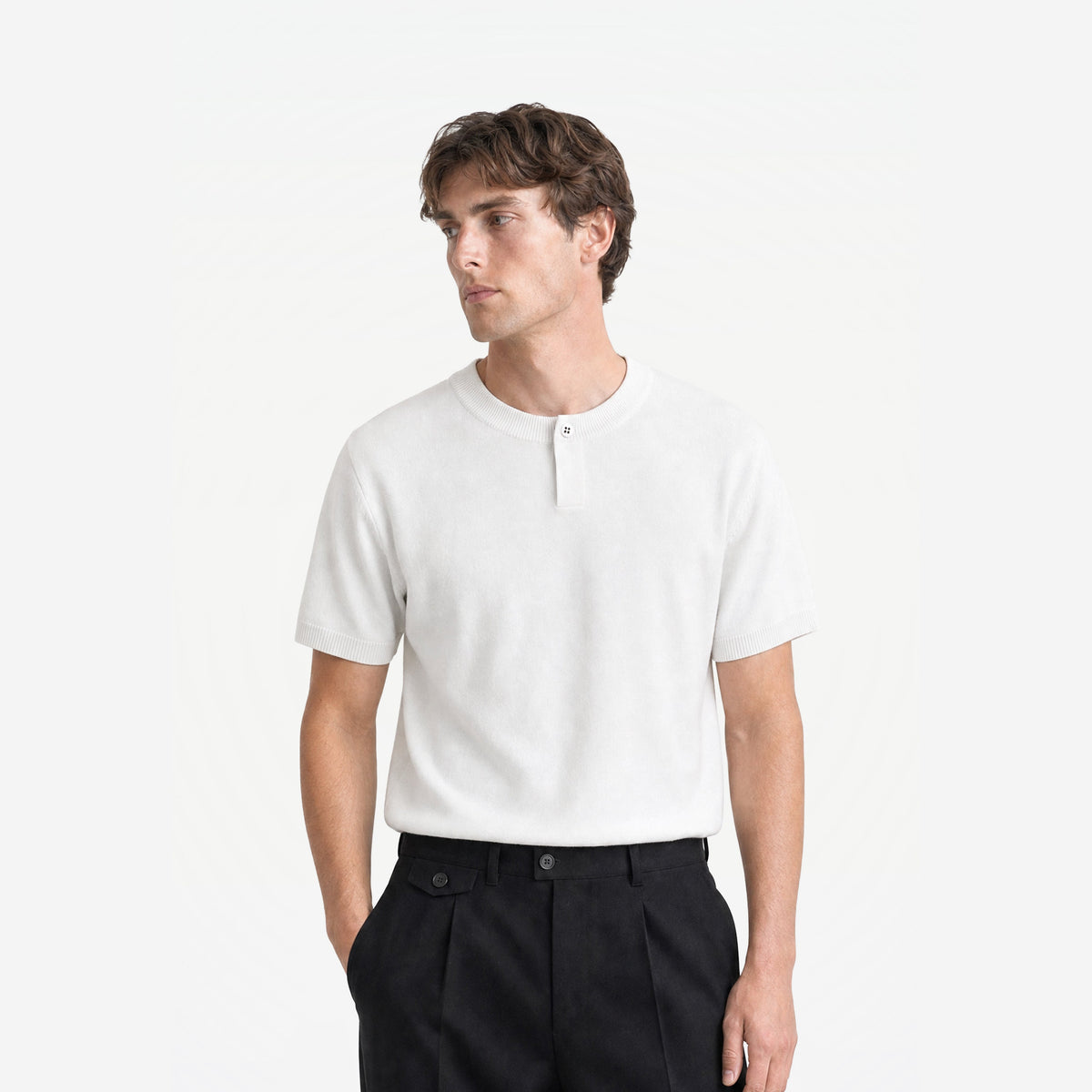 Como Henley Knit Tee in White – worn by model, front view