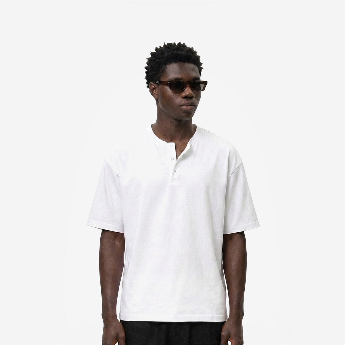 Como Henley Tee in White – worn by model, front view