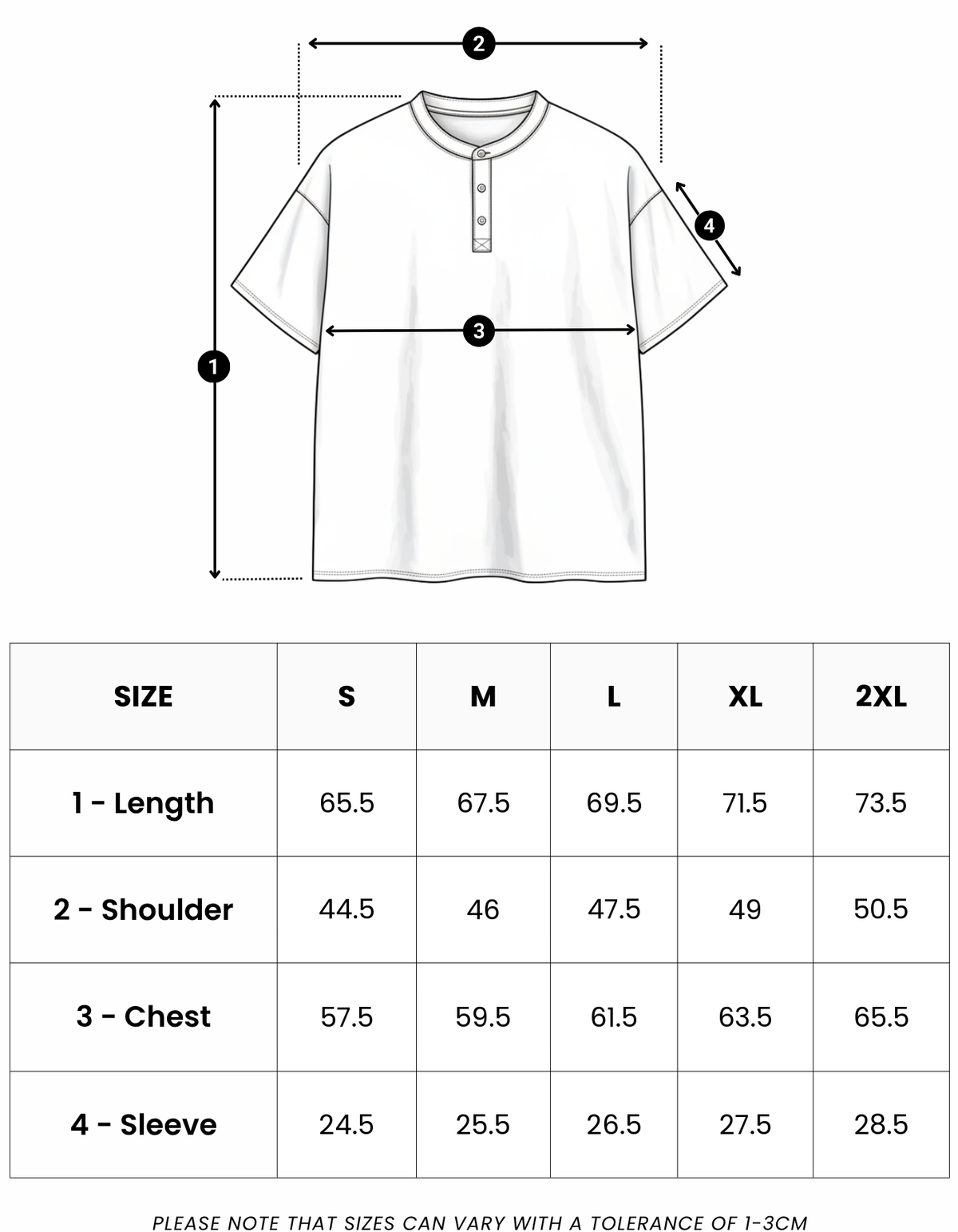 Size guide in centimetres for Como Henley Knit Tee
