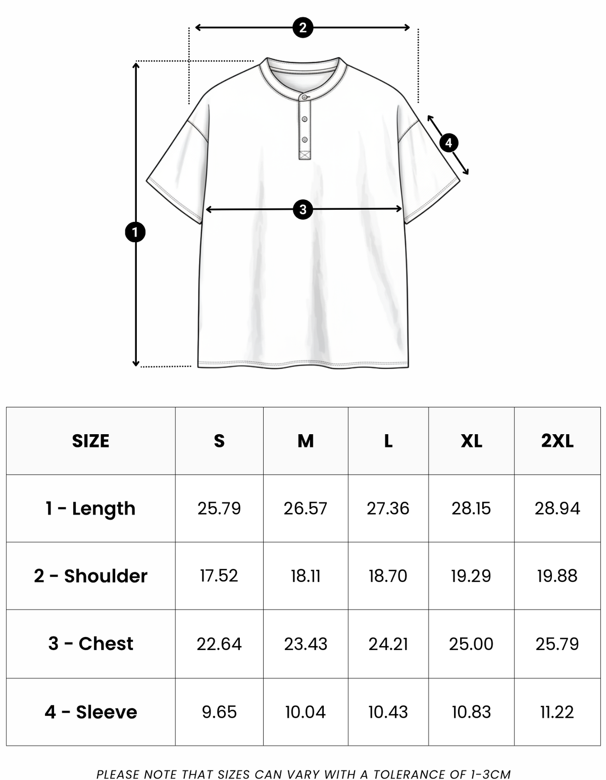 Size guide in inches for Como Henley Knit Tee