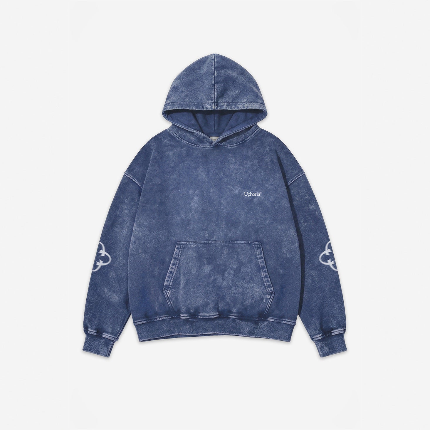 Emblem Motion Vintage Hoodie in Snow Blue – flat lay, front view