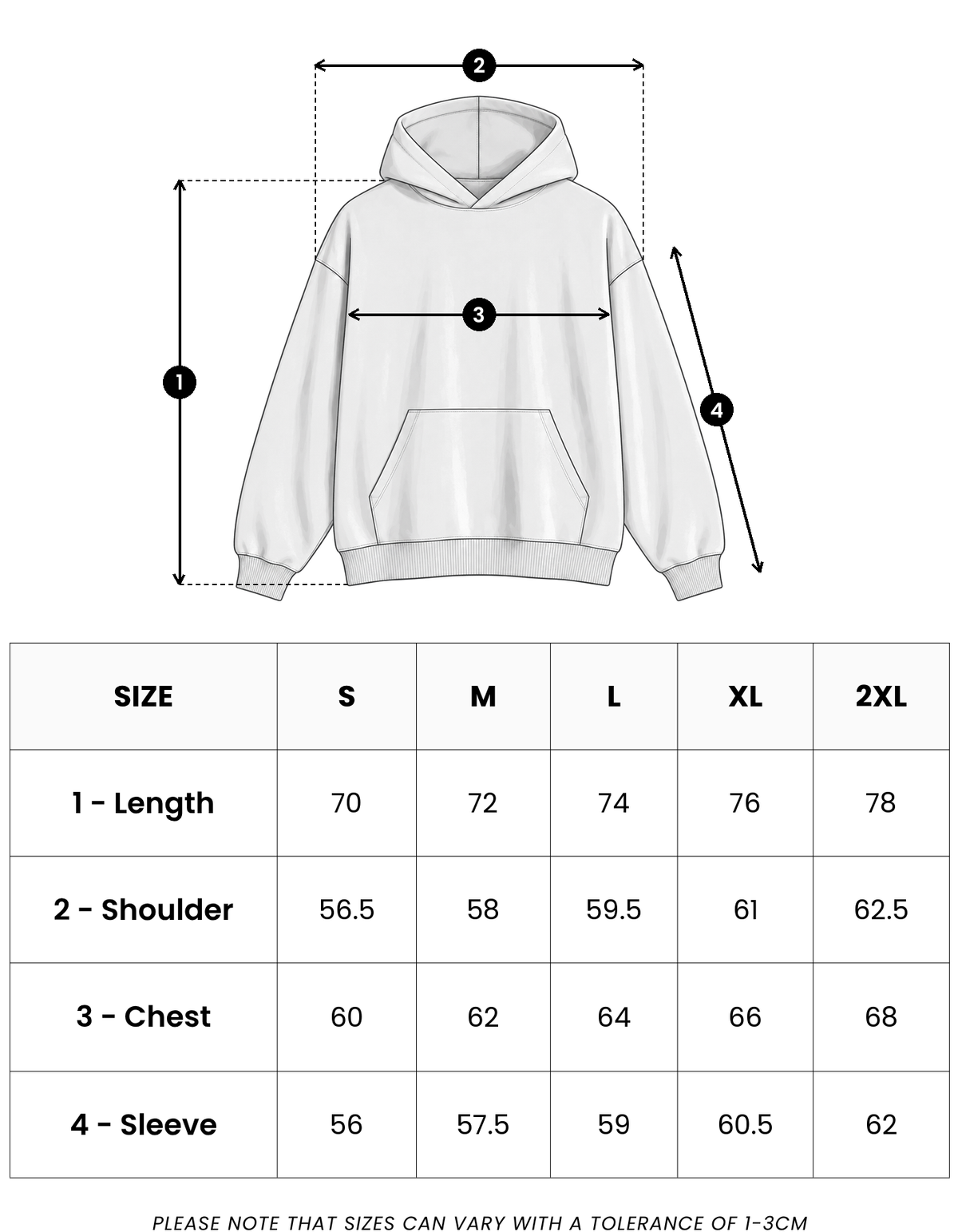 Size guide in centimetres for Emblem Motion Vintage Hoodie