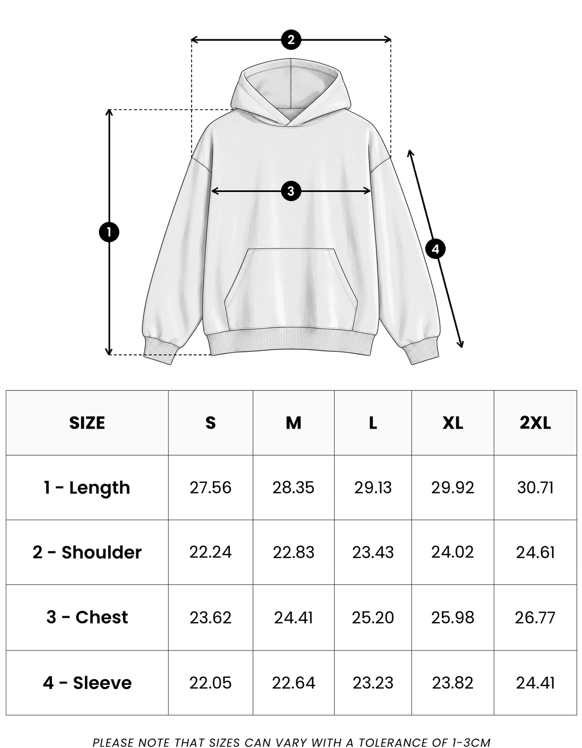 Size guide in inches for Emblem Motion Vintage Hoodie
