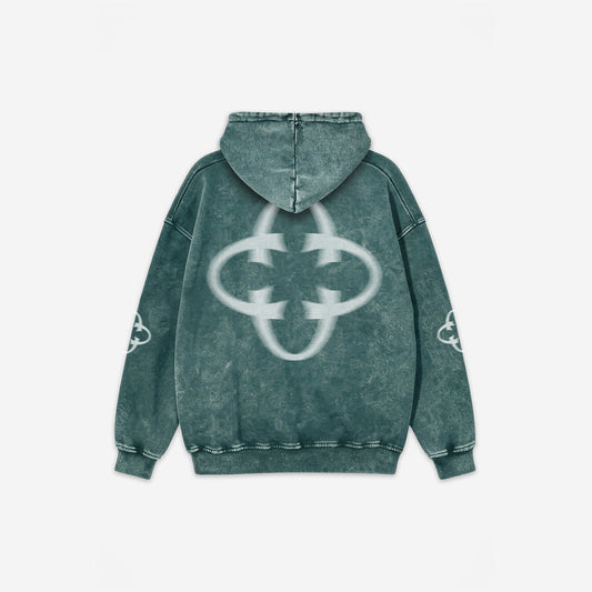 Emblem Motion Vintage Hoodie in Forest Green – flat lay, back view