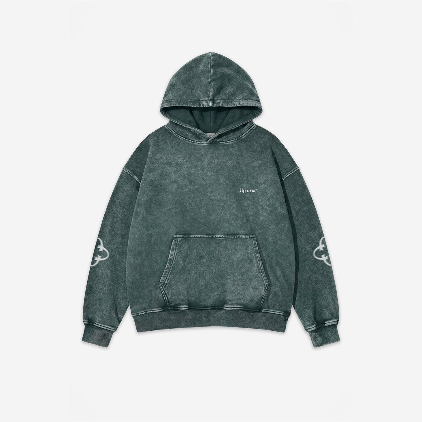 Emblem Motion Vintage Hoodie in Forest Green – flat lay, front view