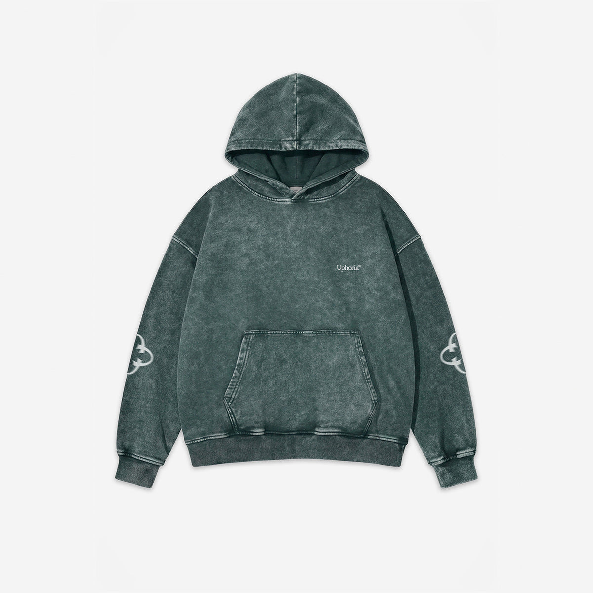 Emblem Motion Vintage Hoodie in Forest Green – flat lay, front view
