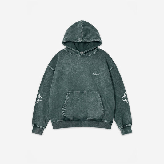 Emblem Motion Vintage Hoodie in Forest Green – flat lay, front view