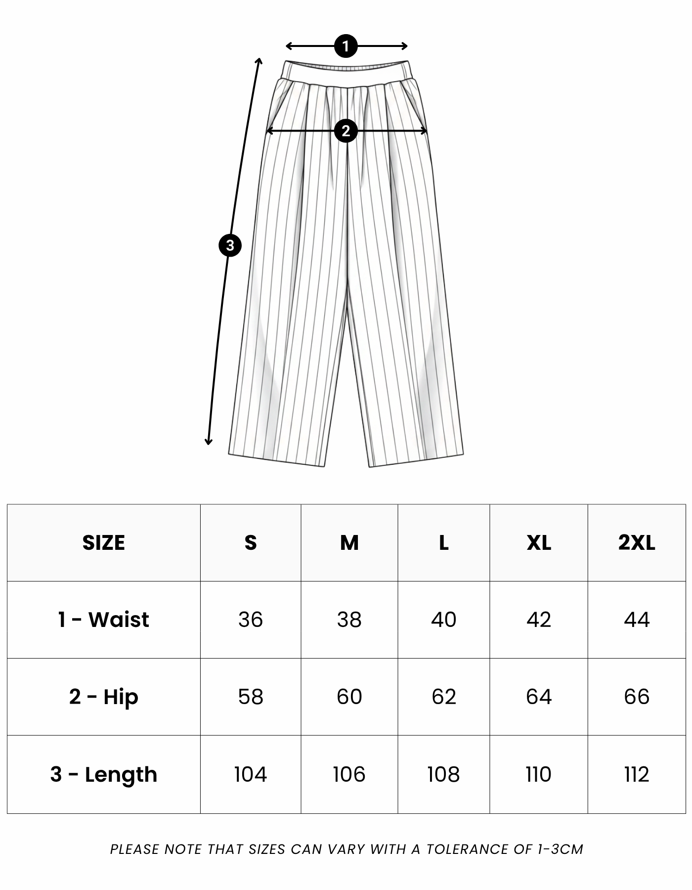Size guide in centimetres for Marina Ultralight Striped Pants