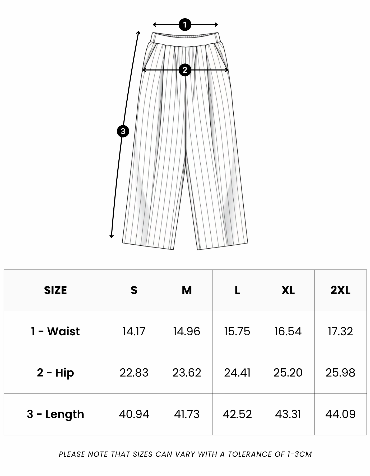 Size guide in inches for Marina Ultralight Striped Pants