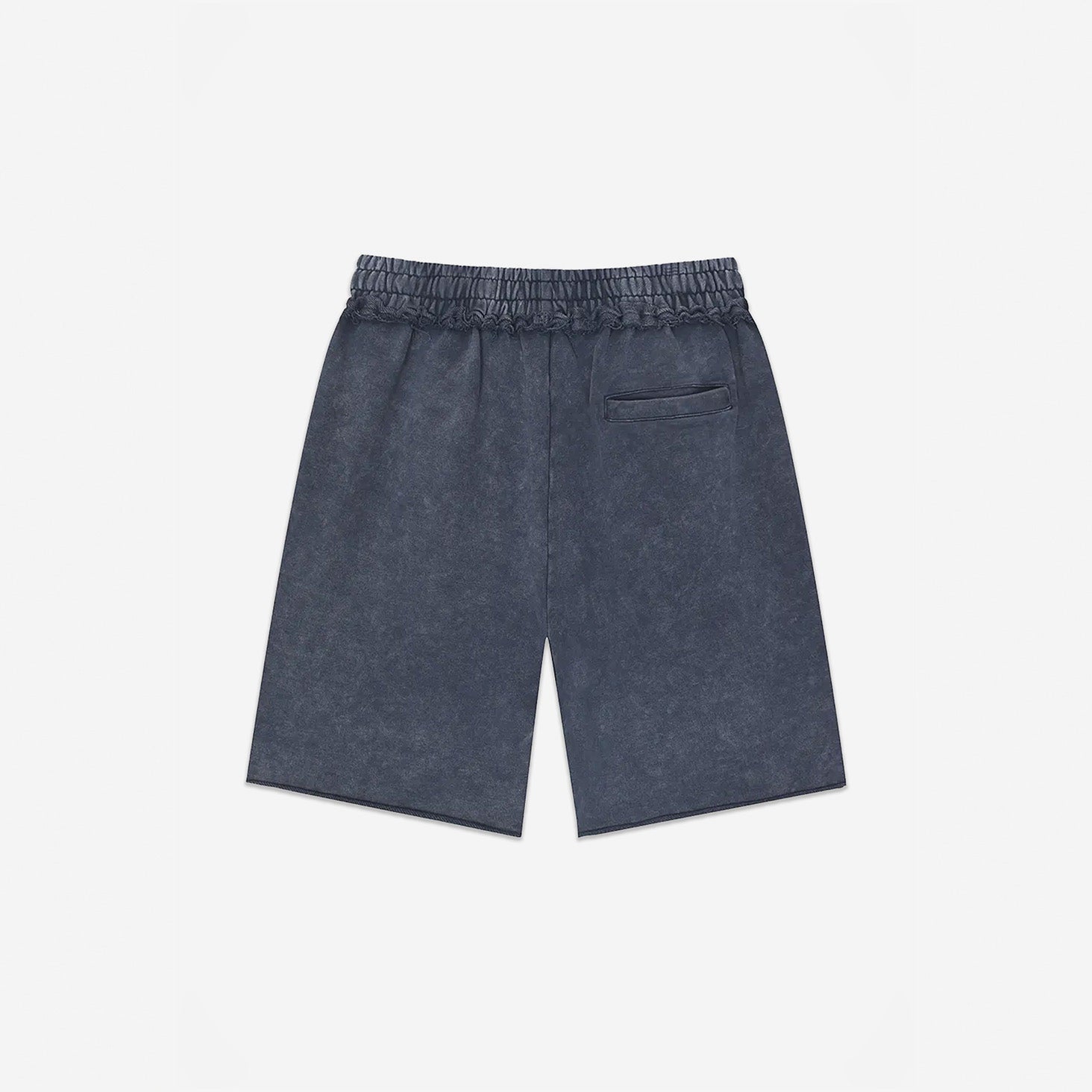 Raw Edge Emblem Shorts in Washed Navy – flat lay, back view