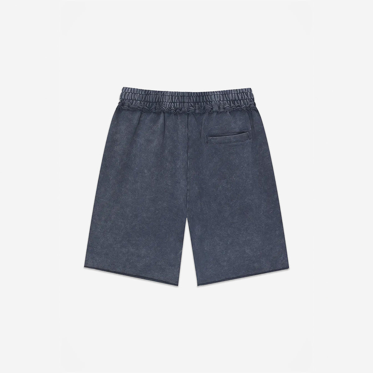 Raw Edge Emblem Shorts in Washed Navy – flat lay, back view