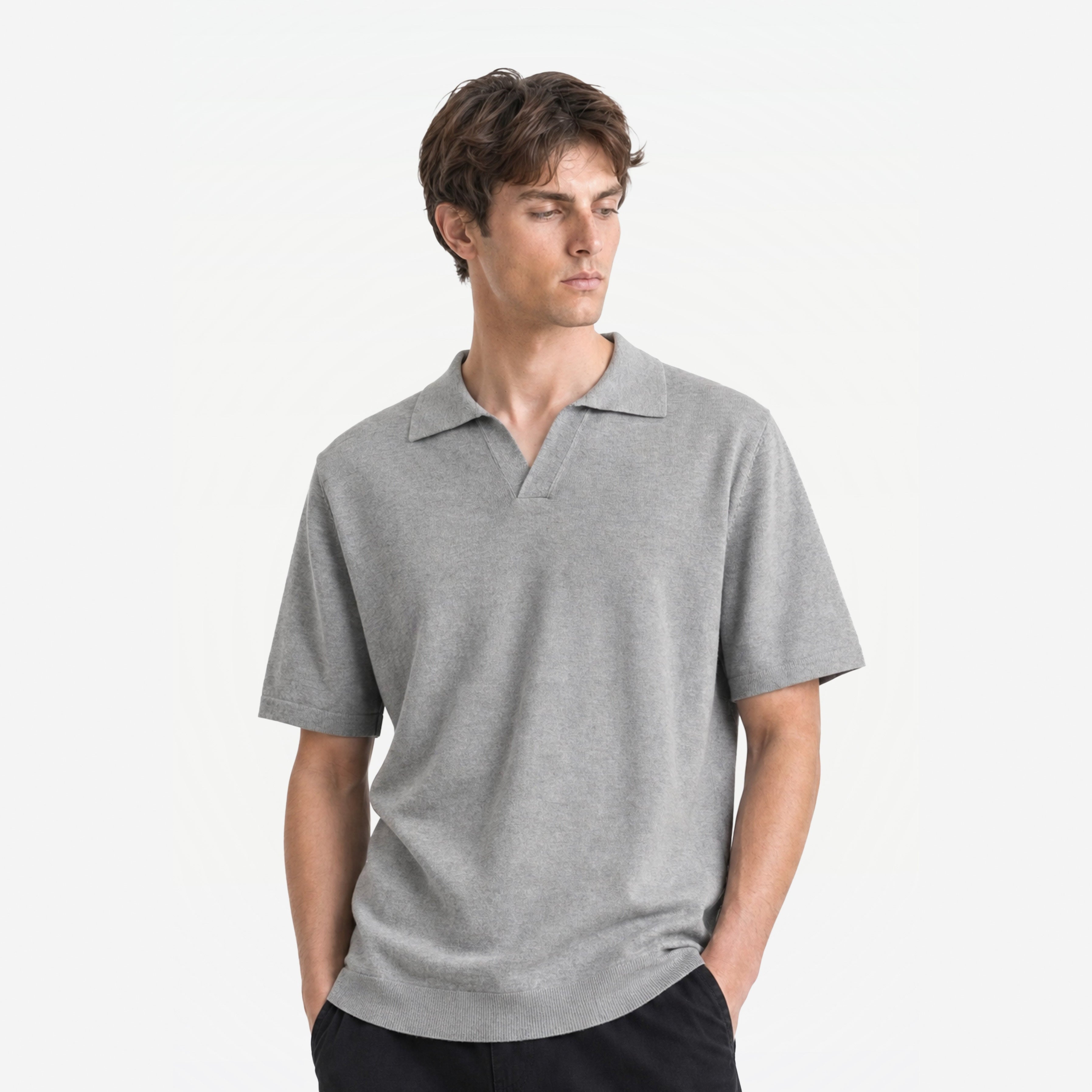 Bellagio Polo in Pietra – worn by model, front view