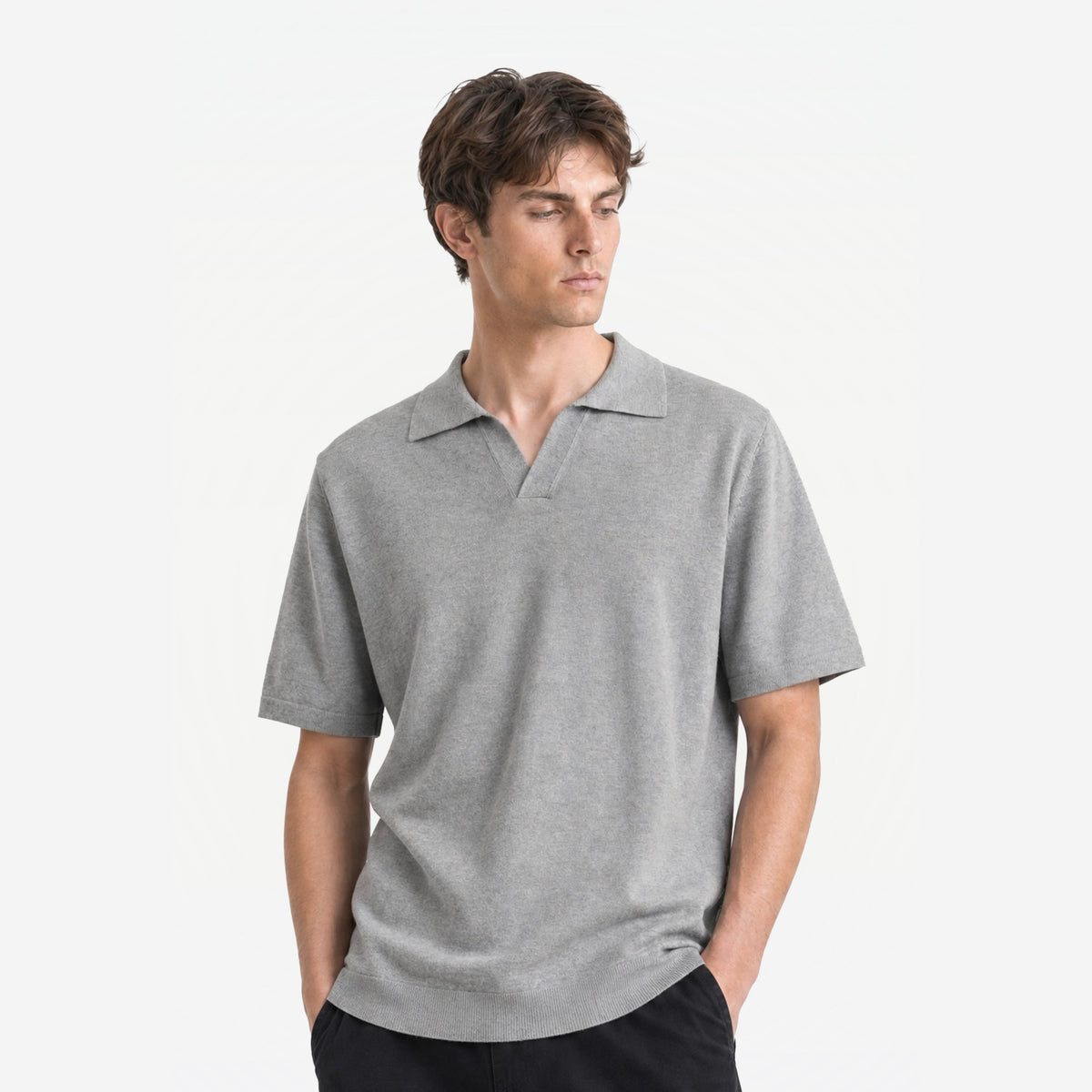 Bellagio Polo in Pietra – worn by model, front view
