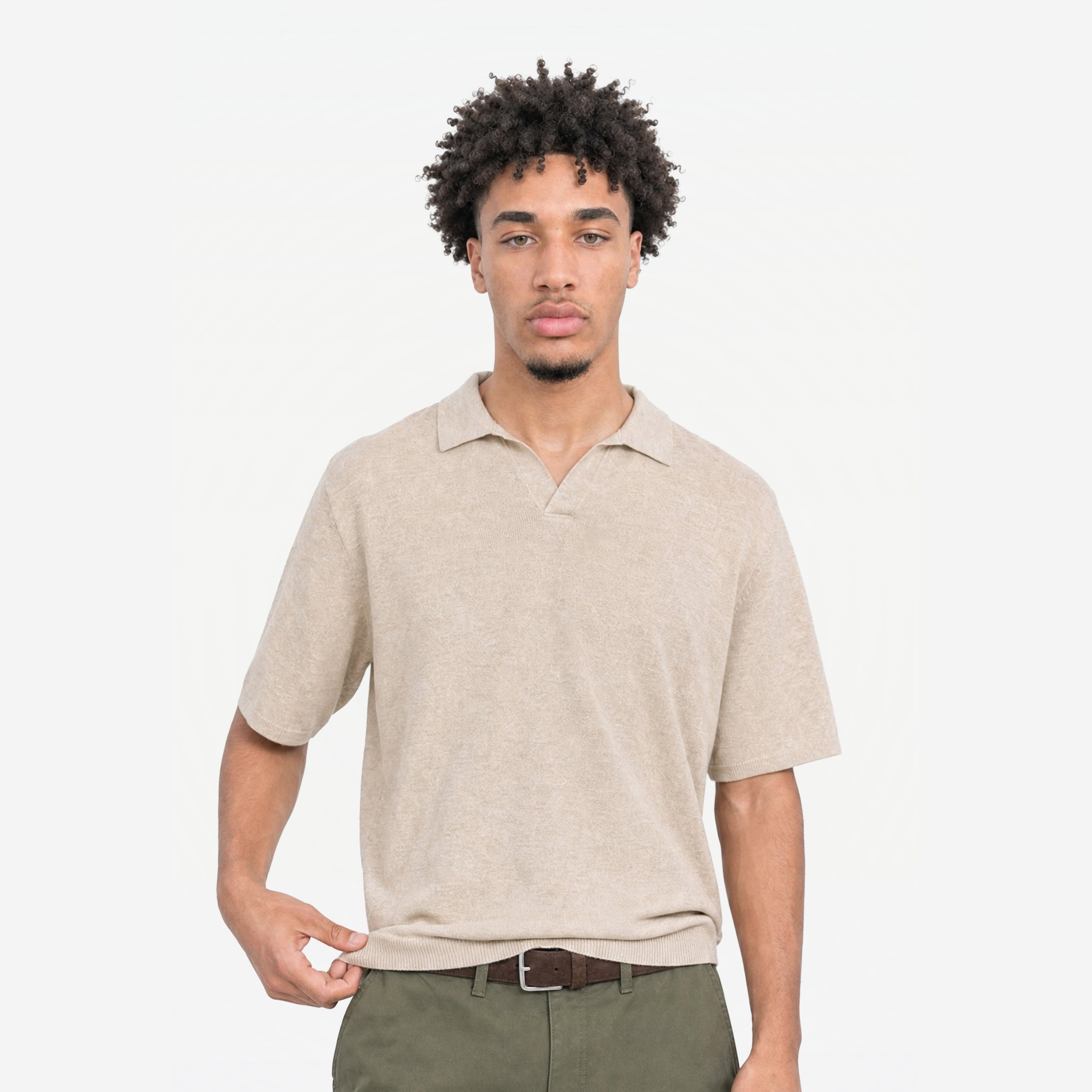 Bellagio Polo in Crema – worn by model, front view